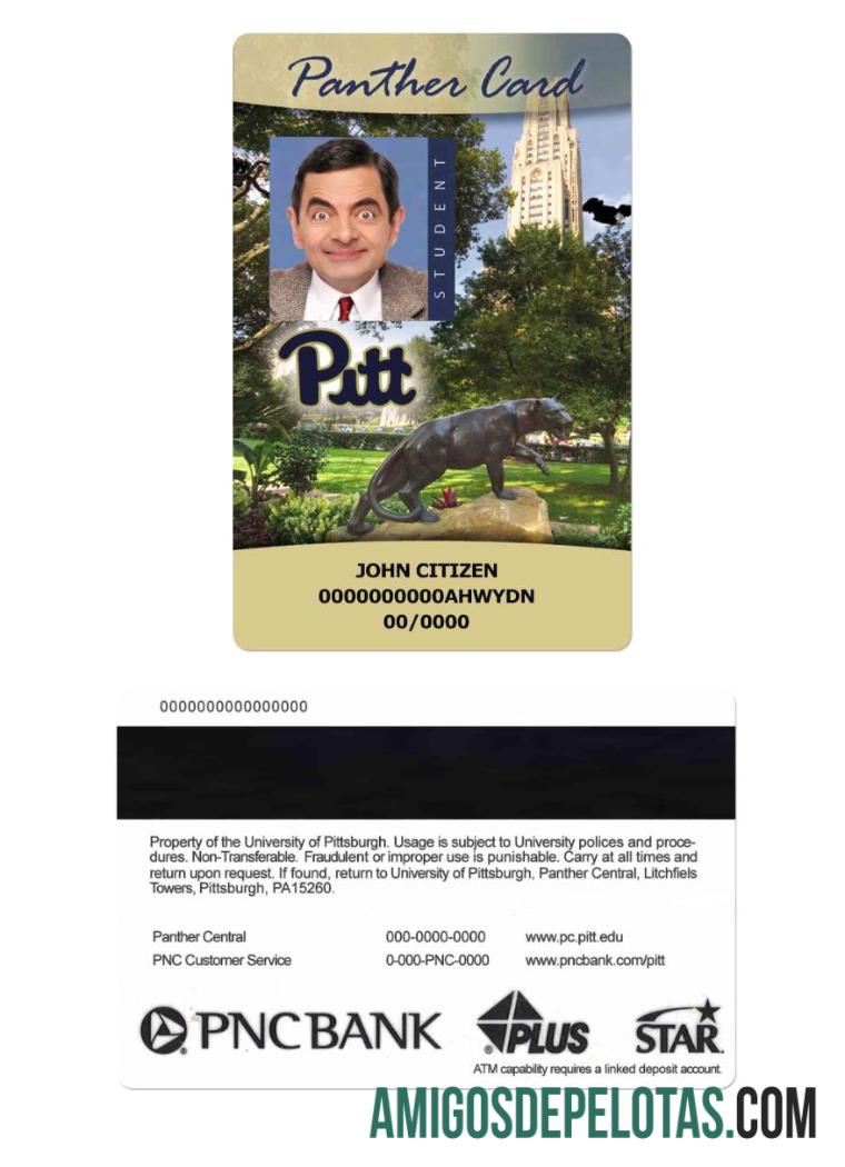 Cartão de identificação de estudante da Universidade de Pittsburgh nos EUA, cartão Panther exemplo real